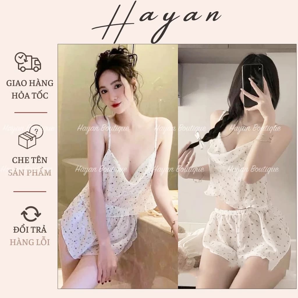 HT230 Bộ ngủ 2s hoạ tiết hoa kèn cổ đổ tôn dáng,đồ ngủ xẻ hông xuyên thấu gợi cảm HT230