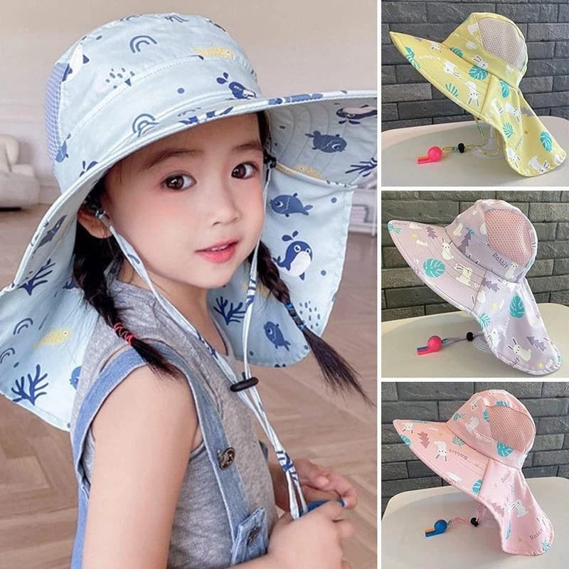 Mũ xô trẻ em Mũ Nón Rộng Vành Chống Nắng Che Vai Gáy Cho Bé Nón Chống Tia UV Thoáng Khí Kèm Còi Thổi Và Dây