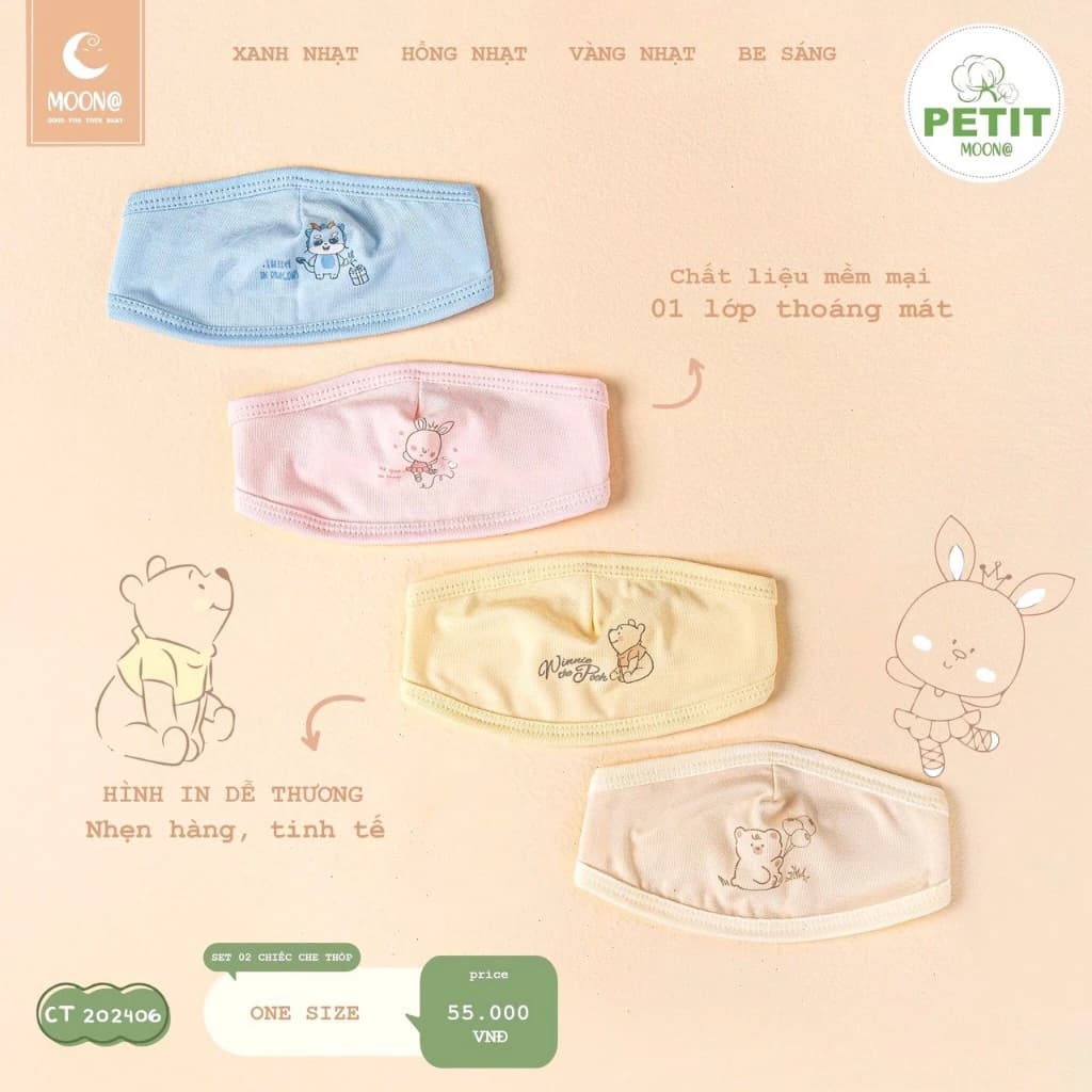Set 2 Mũ che thóp cho bé sơ sinh 3-6kg chất petit mềm mát mùa hè chính hãng Moon