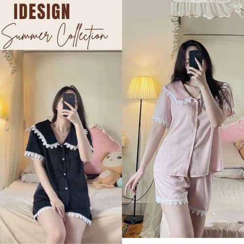 Bộ lụa cộc tay mặc nhà tiểu thư baby, bộ đùi lụa cao cấp phối ren sang chảnh N34