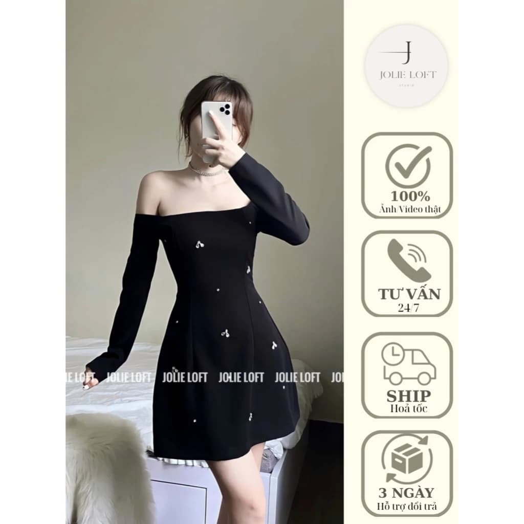 Váy nữ dự tiệc đen đính đá thiết kế Alice Dress JOLIE LOFT, đầm dáng ngắn sang trọng đi chơi