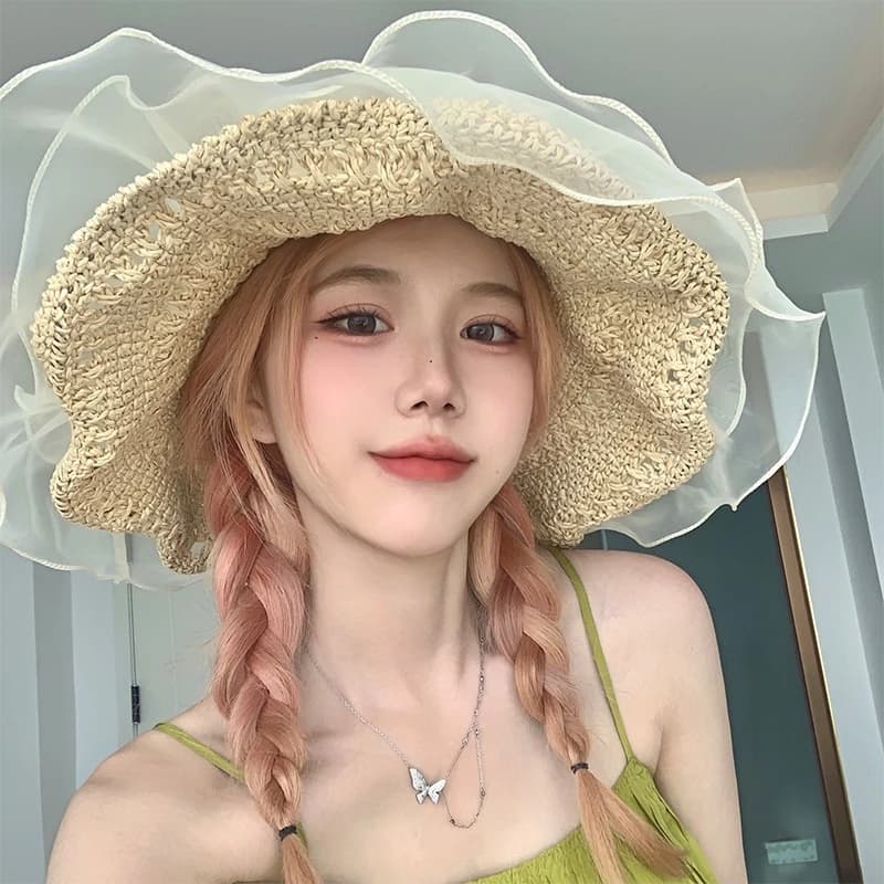 Mũ Cói Rộng Vành Phối Ren Thiết kế thời trang và cao cấp có Đính cườm viền ren tua Thích hợp Đi biển vào mùa hè Cho Nữ