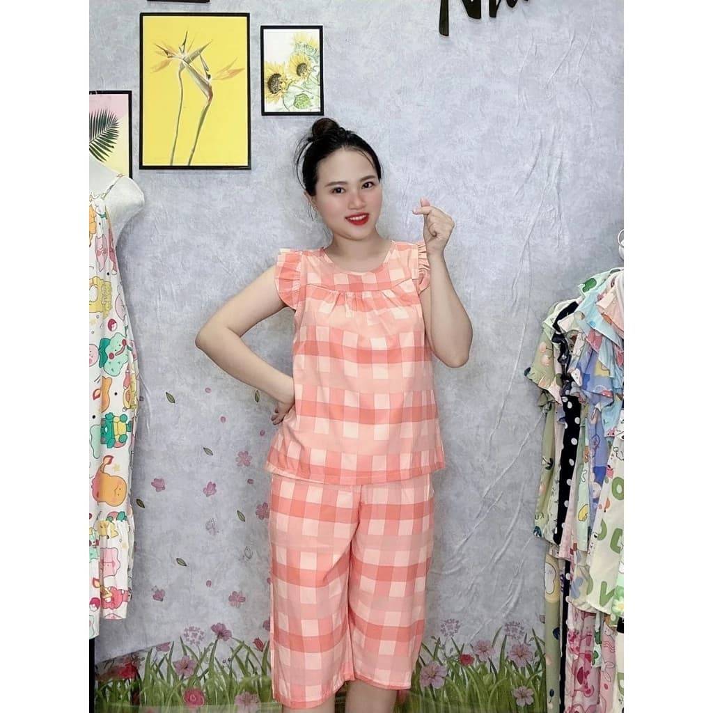 LUA49_ĐỒ BỘ LỤA LỬNG ÁO CÁNH TIÊN HỌA TIẾT CARO,CÓ TÚI, CÓ SIZE
