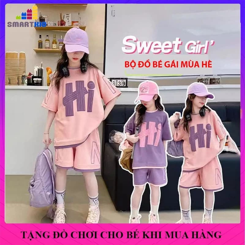 Bộ đồ mùa hè ngắn tay cho bé gái, quần áo trẻ em cộc tay mẫu Hi size 18-50kg, chất liệu cotton thoáng mát