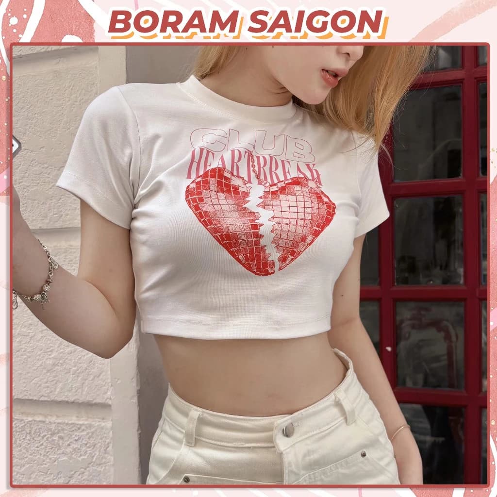 Áo thun croptop form ôm tay ngắn, áo baby tee nữ BORAM SG - CLUB HEART BREAK