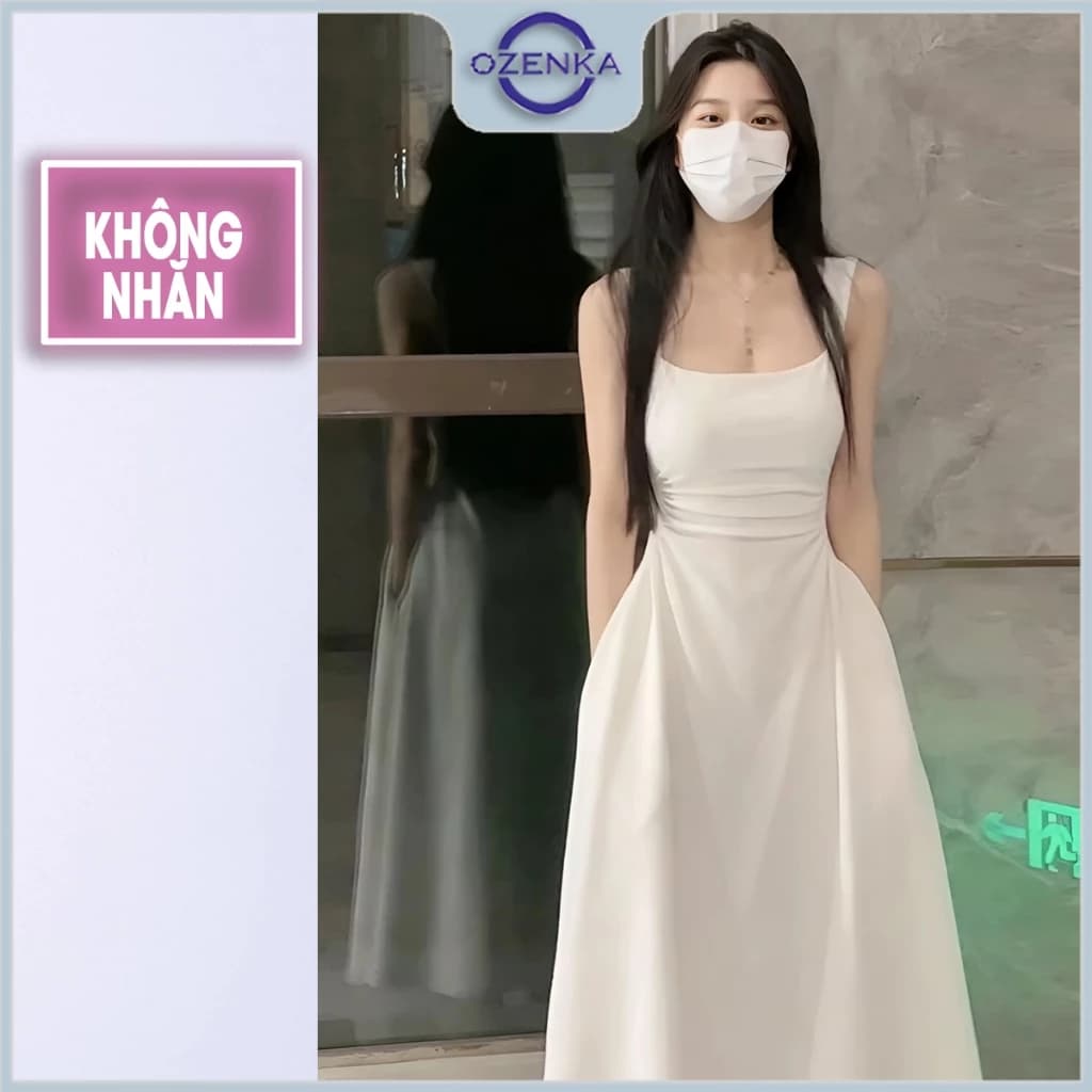 Đầm đi biển dự tiệc 2 dây xòe dài có túi trắng đen Ozenka ,  váy maxi xòe sang chảnh gợi cảm đẹp mặc đi chơi dạo phố