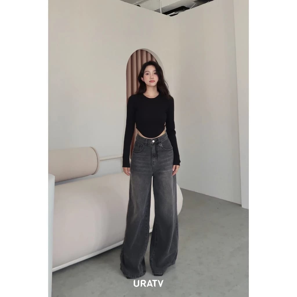 Quần jean ống loe to dáng suông xám URATV