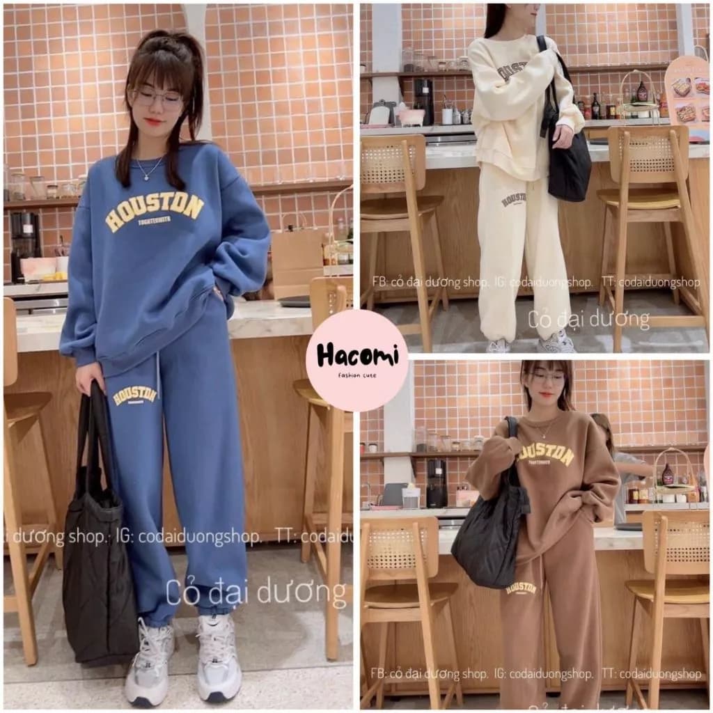 Bộ nỉ nữ in chữ houstdn ba màu - Set đồ ngủ quần ống bo gấu kèm áo sweater form rộng tay bồng mặc ở nhà ulzzang