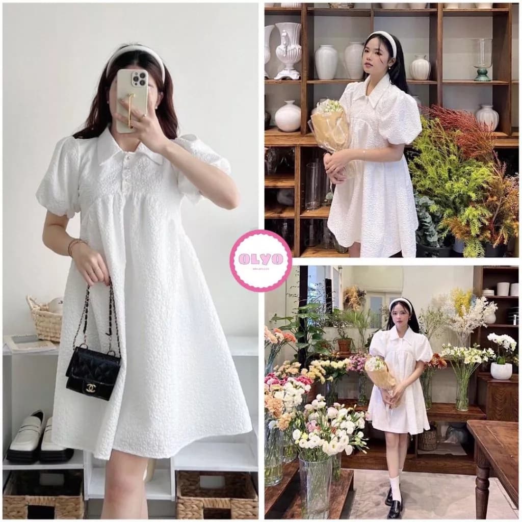 Váy xốp bèo CỔ BẺ tay bồng - Đầm công chúa dáng xòe màu trắng