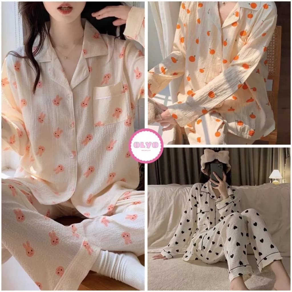 Bộ pijama đũi xốp họa tiết dễ thương DÀI TAY - Bộ đồ ngủ mặc nhà màu pastel