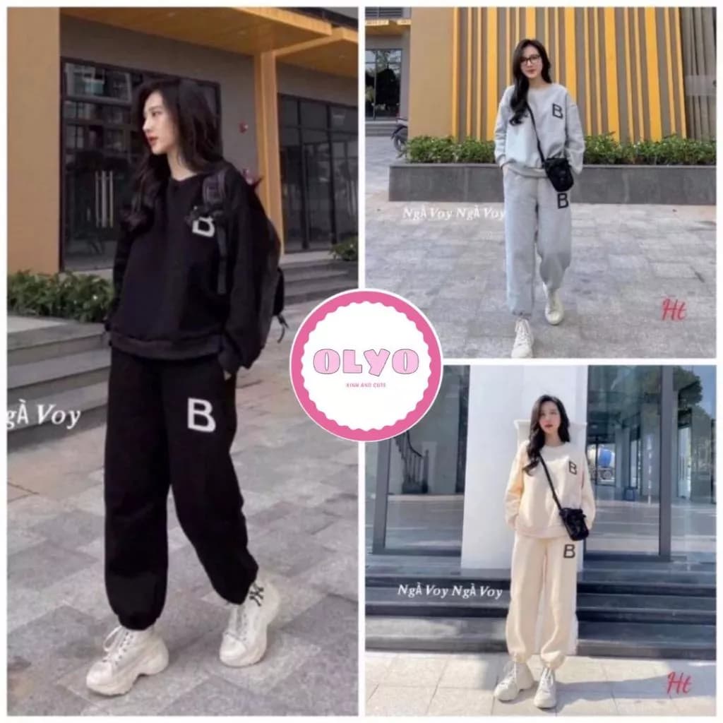 Bộ nỉ in hình chữ B dài tay nữ - Set bộ ngủ quần ống bo gấu