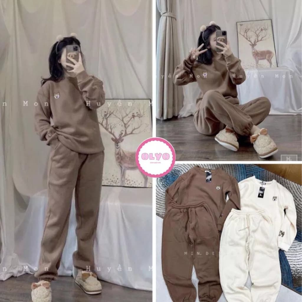 Bộ nỉ thêu chó shiba dài tay nữ - Set đồ ngủ quần ống bo gấu kèm áo sweater màu trắng, nâu mặc ở nhà đẹp ulzzang