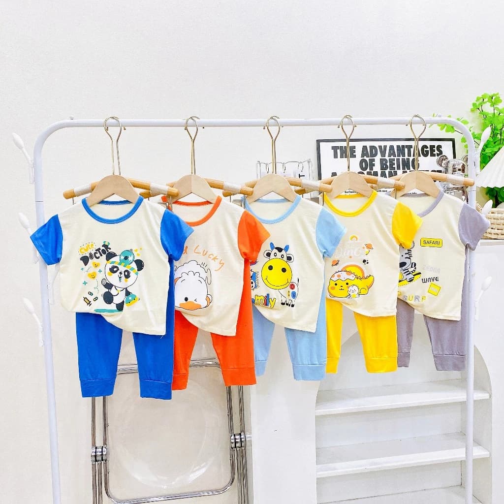 [A216 - Mềm, Mát] Bộ Quần Dài Áo Cộc In Hình Chất Vải Thun Lạnh Mềm Mát Cho Bé Trai Bé Gái