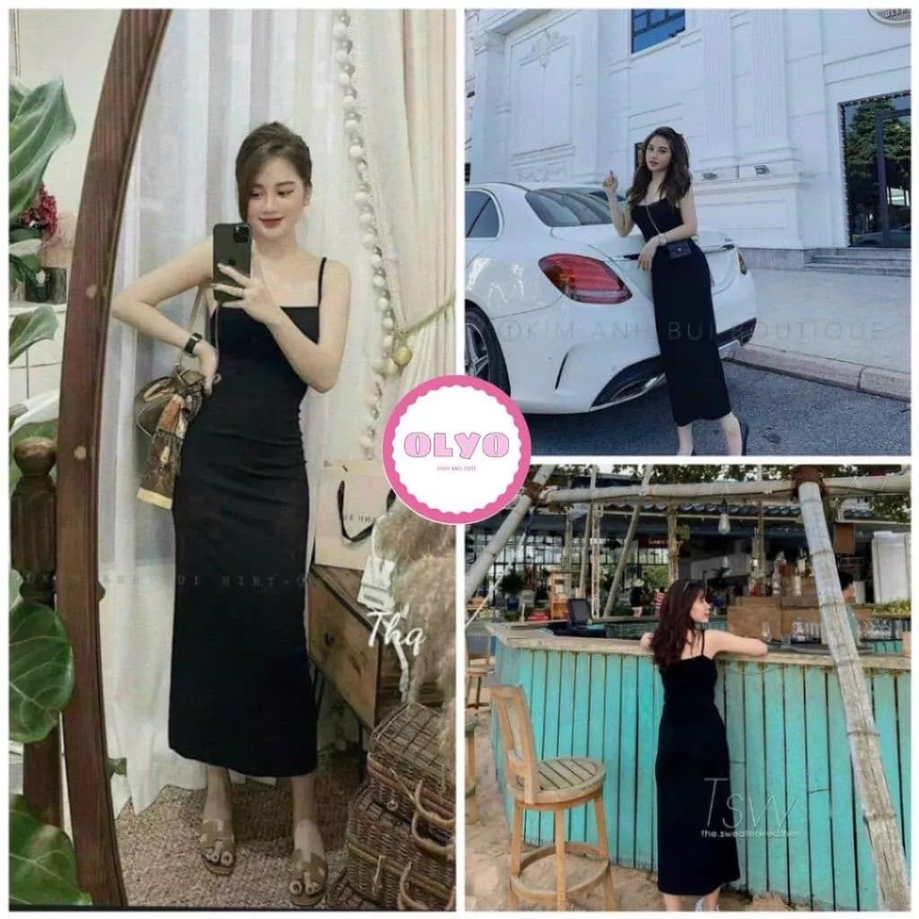 Váy 2 dây maxi suông - váy cổ vuông màu đen thời trang