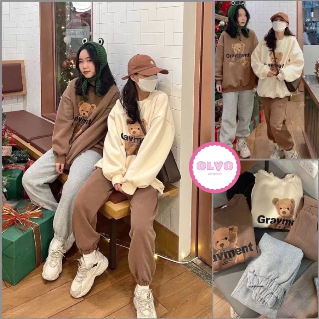 Bộ nỉ nữ gấu 3D form rộng tay bồng - Set đồ ngủ áo sweater kèm quần ống bo gấu mặc ở nhà cá tính ulzzang