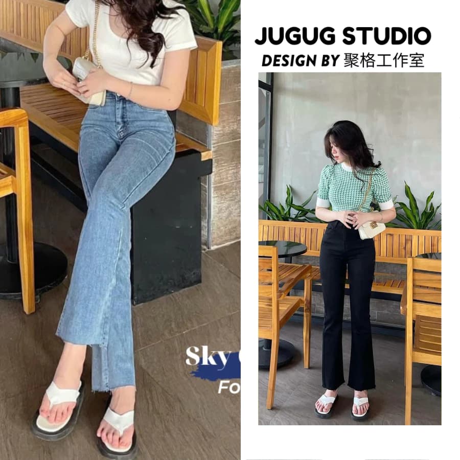 Quần jean nữ ống loe lưng cao dáng ôm túi trước siêu hot JS009