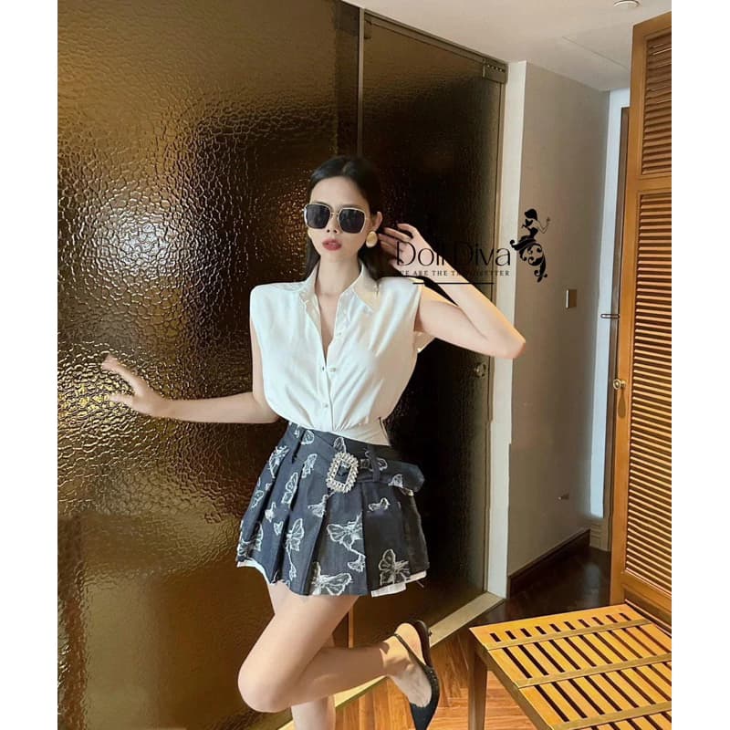Set Áo Sơ Mi Kèm Chân Váy Bò Tag Đá Xếp Ly Cách Điệu Cao Cấp Sang Trọng Hotgirl