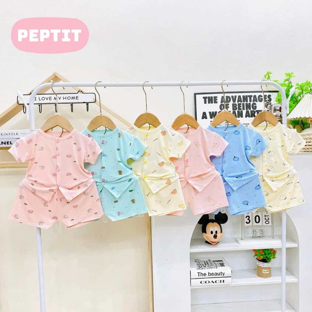 [A218 Mềm Mát, Chất Petit] Bộ Cộc Tay  Sơ Sinh Cúc Giữa Nền Mầu Họa Tiết Chất Vải Petit Cho Bé Trai Bé Gái