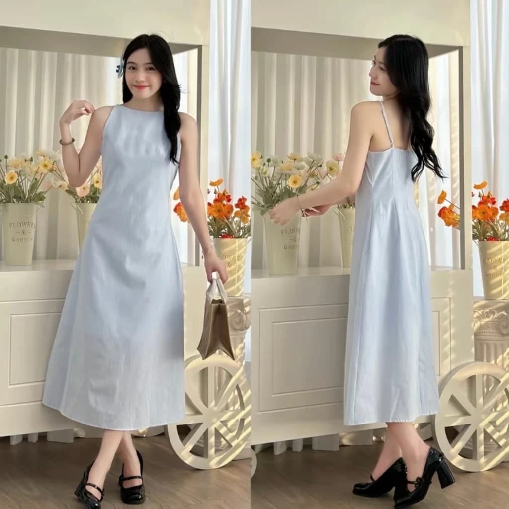 (CÓ BIGSIZE)Đầm cổ yếm 2 dây dáng sọc A4 Xanh/hồng/be/đen_ORIMI