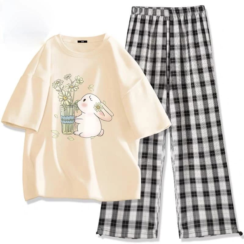 Set bộ dài áo thun cotton, quần suông caro to nữ thời trang. Đồ bộ mặc nhà, đi chơi in THỎ HOA