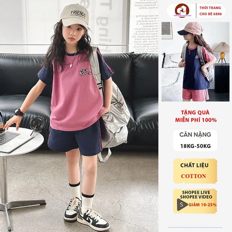 Bộ cộc tay bé gái, đồ bộ cho bé gái mùa hè, quần áo mùa hè cho bé gái mẫu SOEM size 18-50kg, chất liệu cotton thoáng mát