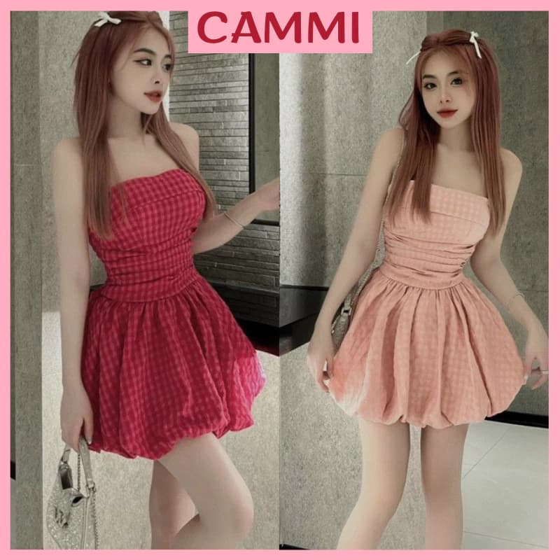 Đầm cúp ngực,đầm quây kẻ caro có đệm sẵn dáng bí lưng bo chun kèm quần short HB274