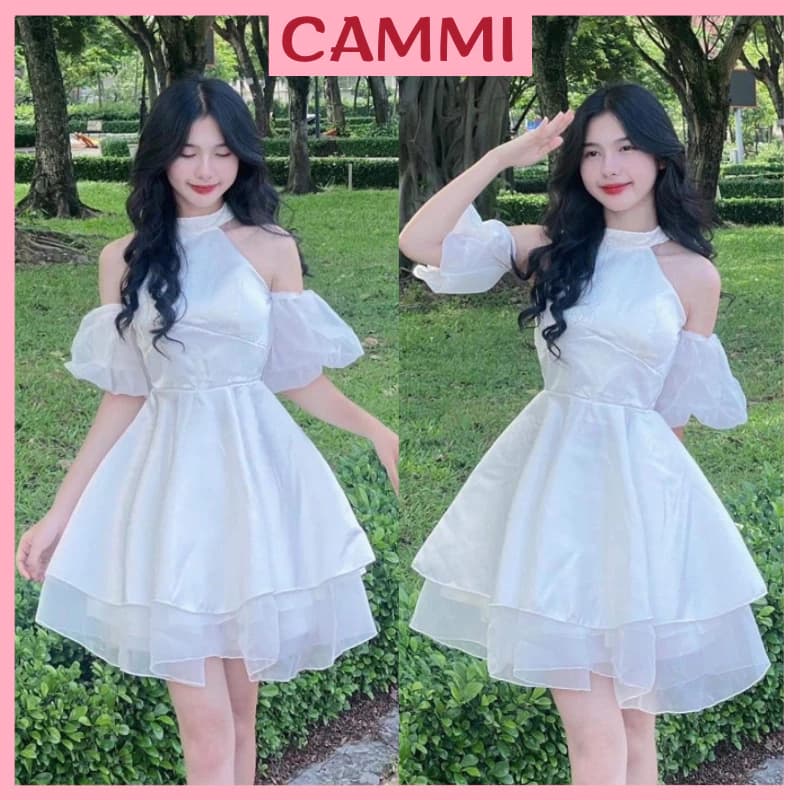 Váy trắng bánh bèo Đầm cổ yếm(có đệm ngực) dáng trễ vai tay bồng tháo rời mặc sinh nhật, dự tiệc HV42 CammiHouse