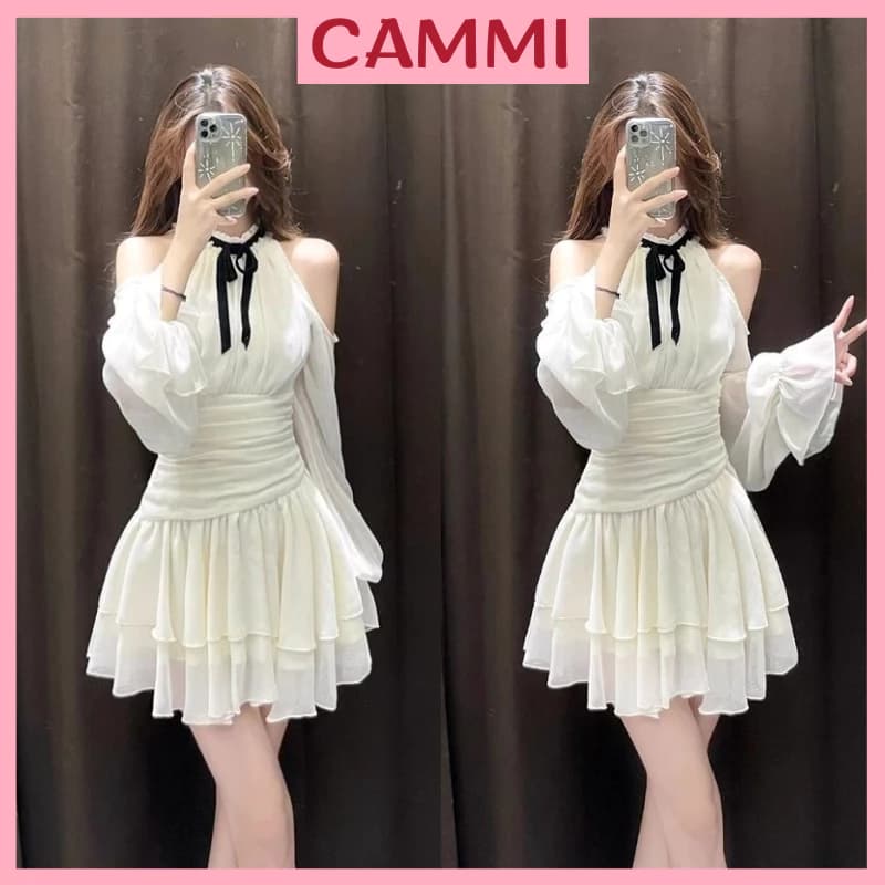 Váy trễ vai dáng yếm,váy dự tiệc tiểu thư sanh chảnh xếp ly eo tầng xoè chất voan HV118