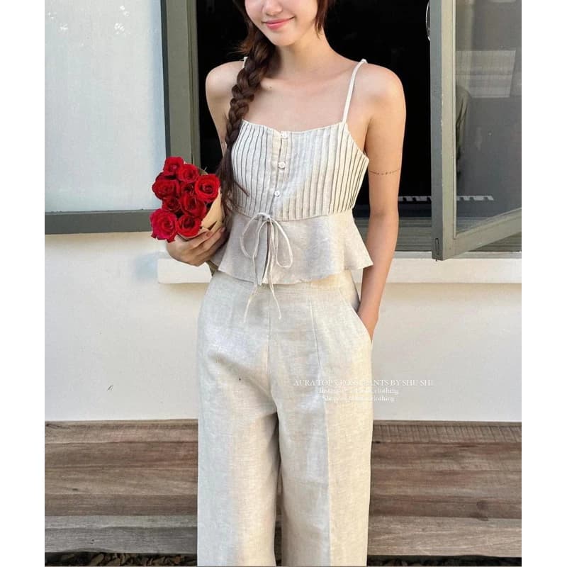 [Mya house] ÁO LINEN HAI DÂY THẮT NƠ XẾP LI NGỰC VIBE TOP