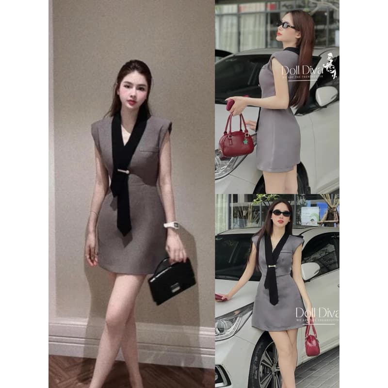 [HÀNG CÓ SẴN - Nhập Mã DOLLHAD giảm 60k] V72 Đầm Vest Thiết Kế Màu Ghi Xám Kèm Ghim Cài Doll Diva
