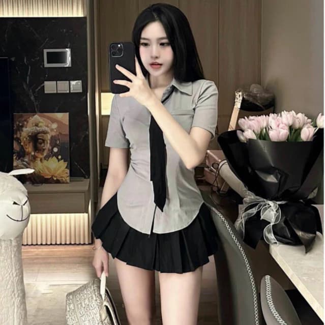 [Hàng Thiết Kế - Có sẵn] S69 Set Áo Sơ Mi Kèm Cà Vạt Mix Cùng Chân Váy Xòe Xếp Ly Hot trend Dolldiva