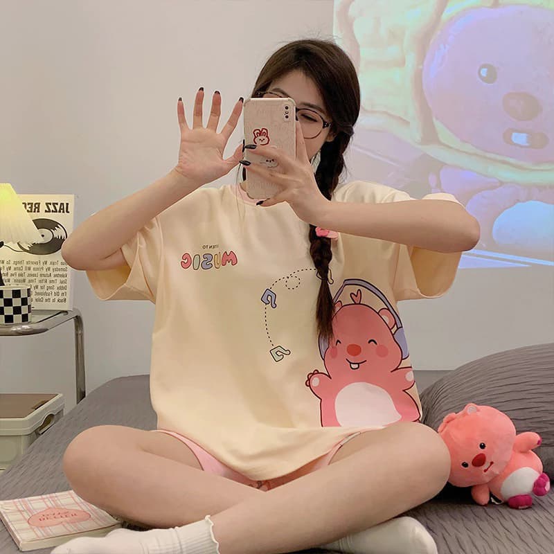 Bộ ngủ Bigsize nữ mặc nhà quần đùi vải thun cotton mịn mát mùa hè cute dễ thương Alibama BN05