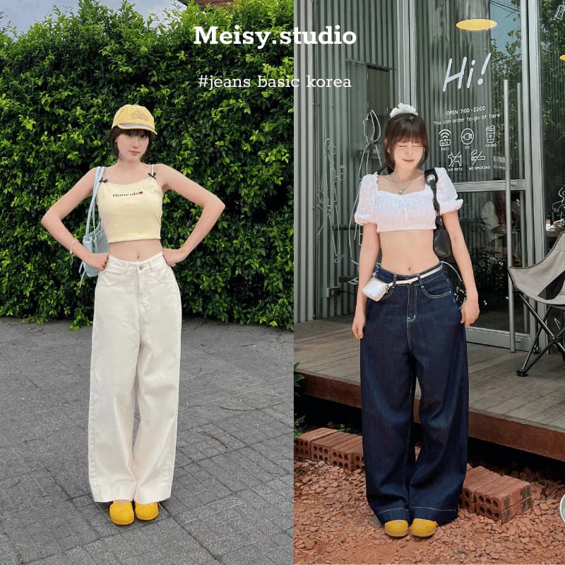 Quần jeans,  ống rộng bò nữ cạp lưng cao màu xanh đen be chất không co giãn gấu bản to bigsize phong cách Hàn Quốc Meisy