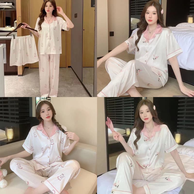 Bộ pyjama cộc tay quần dài hoạ tiết dễ thương,  Bộ đồ ngủ nữ lụa xước cao cấp sang chảnh BN27