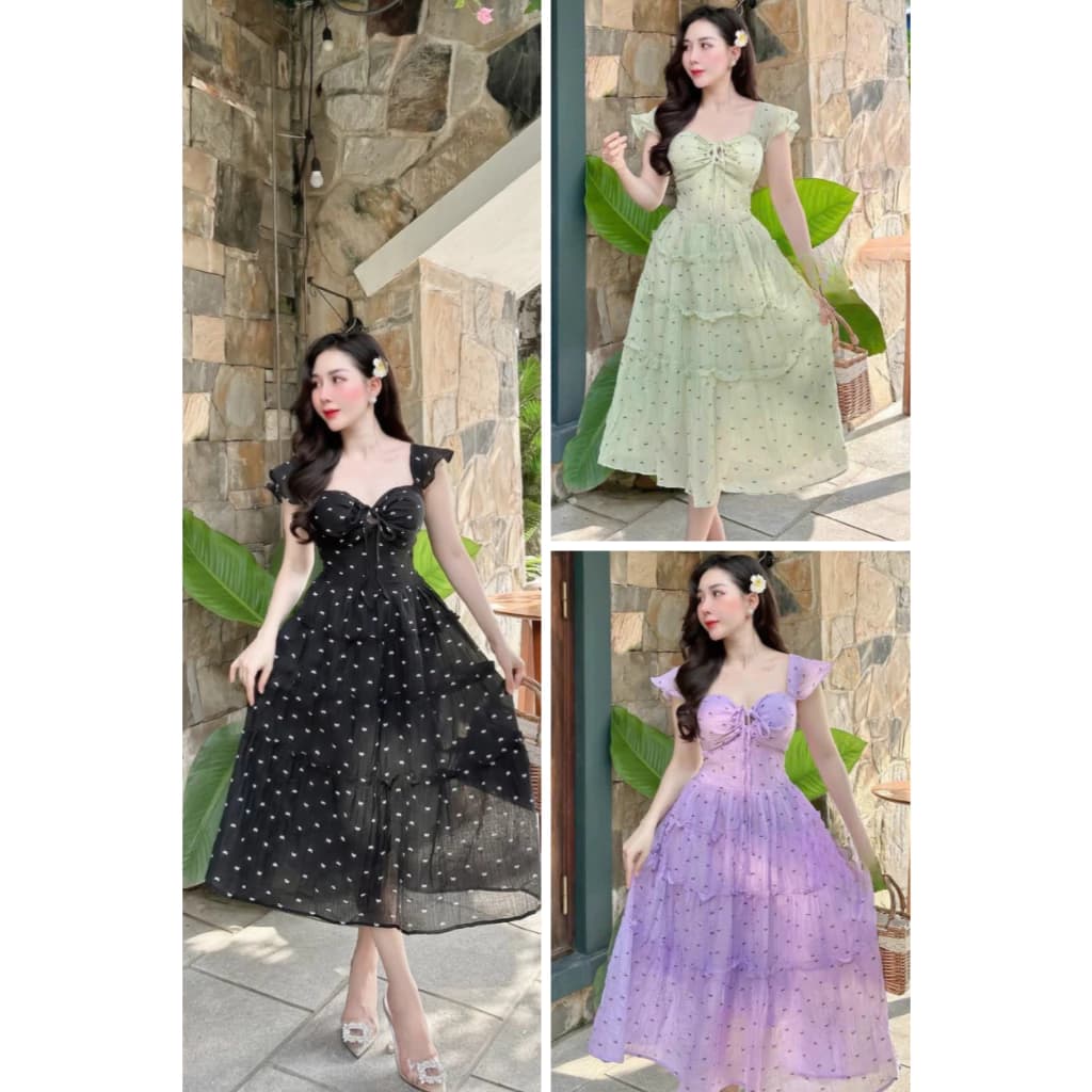 [Hàng Có Sẵn] V76 Đầm Thiết Kế Cánh Tiên In Hình Nơ Có Đệm Ngực Chất Liệu Tơ Dệt Doll Diva
