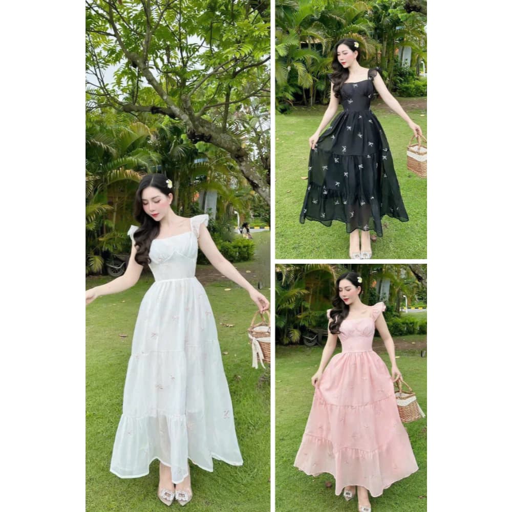 [Hàng Có Sẵn] V78 Đầm Thiết Kế Cánh Tiên Dáng Dài Voan Tơ Cao Cấp Thêu Nơ  Doll Diva Women