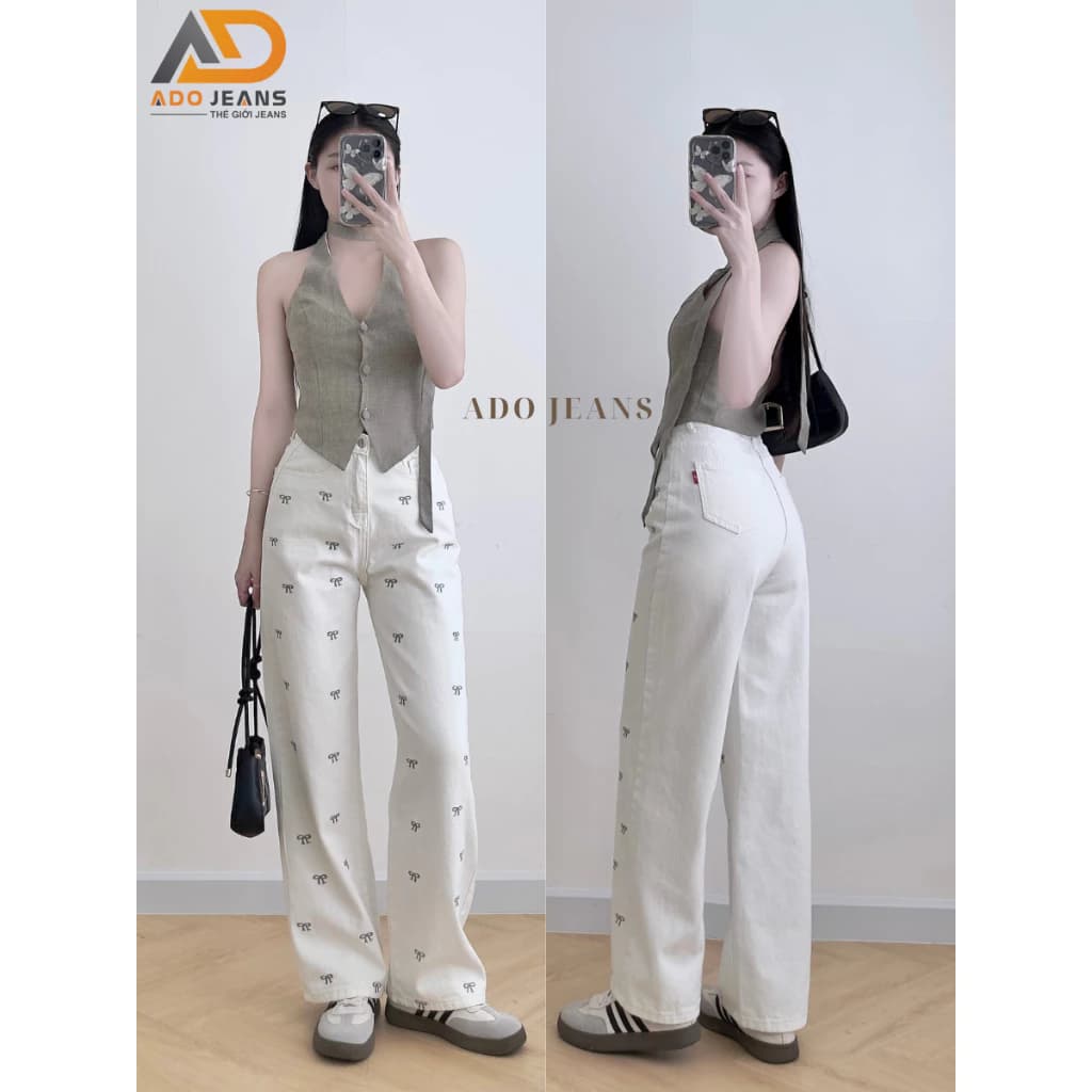 Quần jean dài nữ lưng cao ống suông hack dáng, quần bò trắng thêu nơ hot hit (D103)
