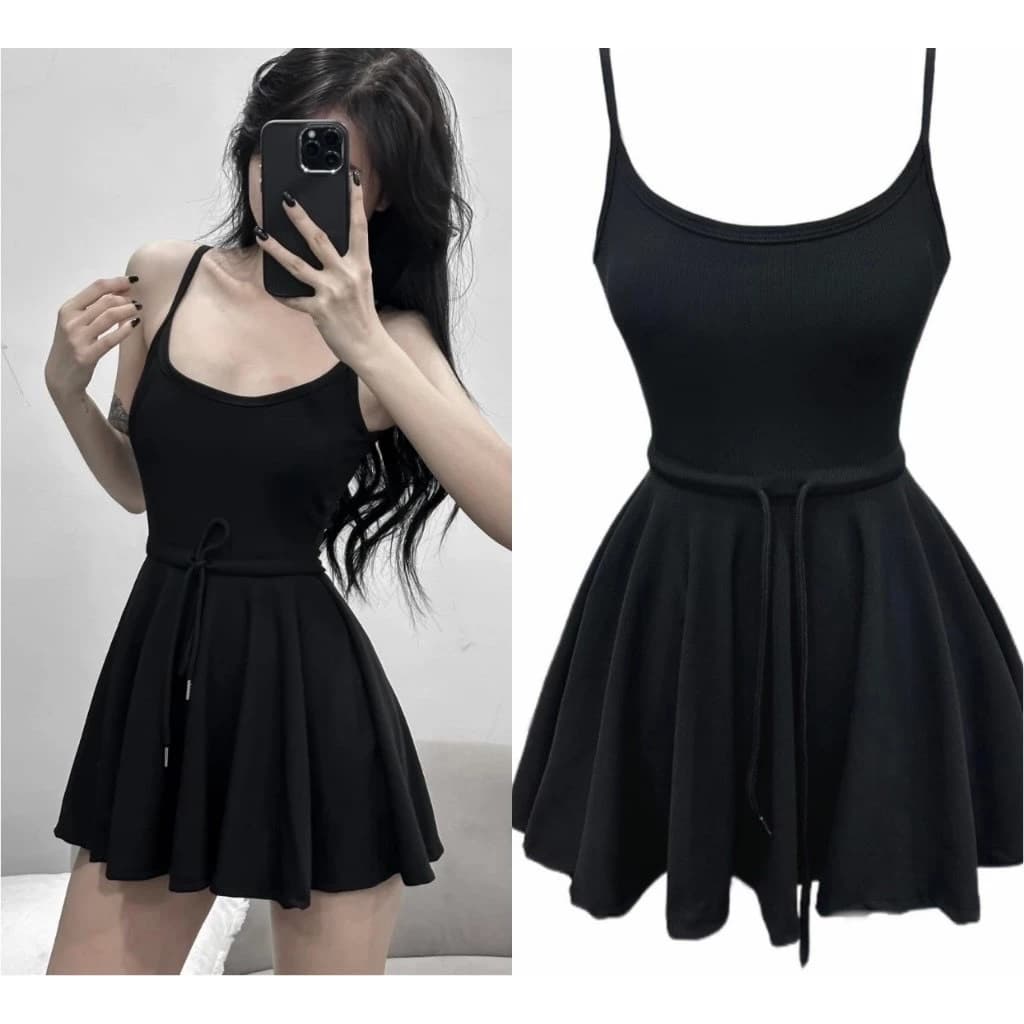 Đầm hai dây nữ trơn kiểu dáng đầm nữ xòe năng động thiết kế dây rút eo tôn dáng chất thun gân tăm dày mịn-D045