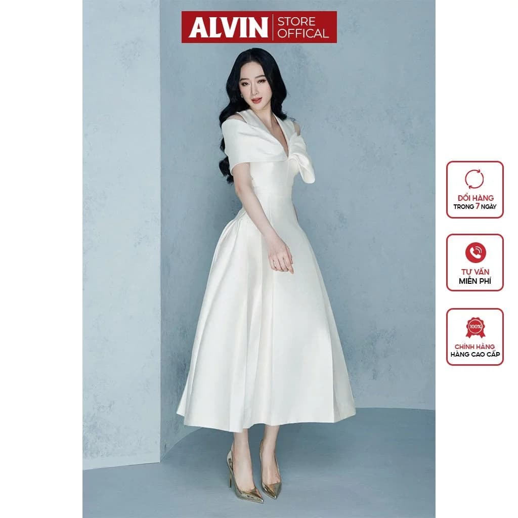 Đầm Xòe Hở Vai Cổ Tim Phối Túi Dự Tiệc Alvin Store 1583