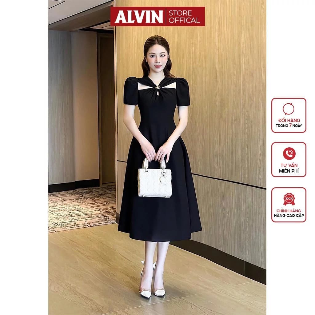 Đầm Dự Tiệc Dáng Xoè Tay Con Cut Out Vai Sang Trọng Alvin Store 2950