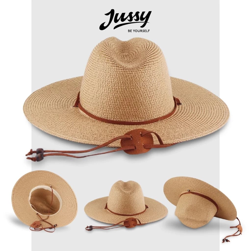 Mũ Cói Rộng Vành Phối Dây Da JCT07 Jussy Official Kiểu Nón Cói Cowboy Rộng Vành Che Nắng Đóng Hộp To Giữ Form