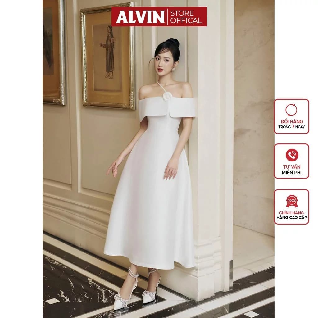 Đầm Dự Tiệc Dáng Xoè Dài Hở Vai Phối Hoa Chéo Dây Alvin Store 2949