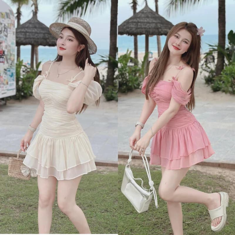 Đầm 2 dây tơ nhún có cúp ngực dáng xòe ngắn tiểu thư, váy trễ vai 2 dây nơ bánh bèo dúm thân kèm quần chất tơ xốp