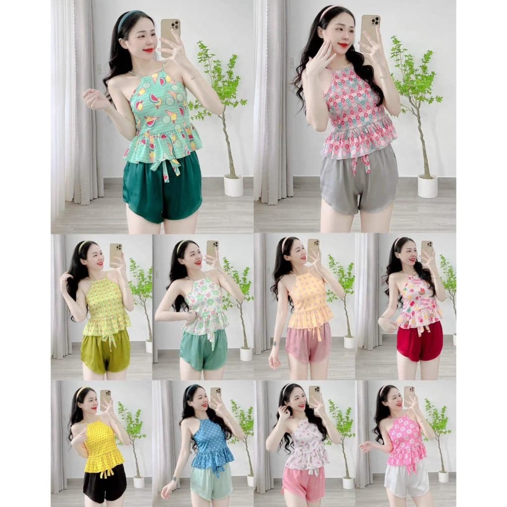 Sét ngủ yếm lụa cao cấp phối họa tiết xinh xắn đáng yêu,quần có túi bigsize 35kg-55kg