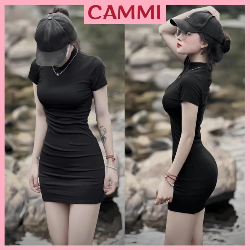 Váy body cộc tay ôm chất thun gân dày loại 1 co dãn dáng ngắn màu đen HV269