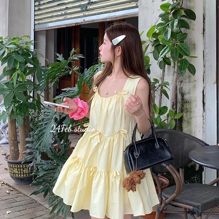 Váy hai dây nữ bản to đính nơ dáng babydoll phong cách Coquette 24Febstudio VN78