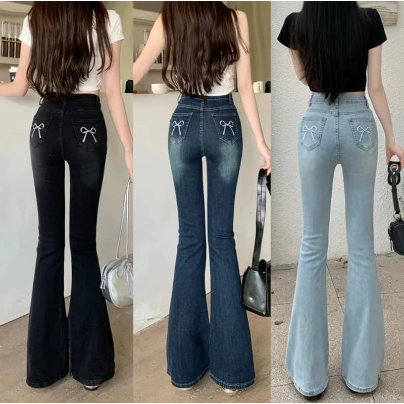 Quần jeans ống loe ONKIM co giãn thêu nơ túi sau vải bò mềm phong cách Hàn Quốc
