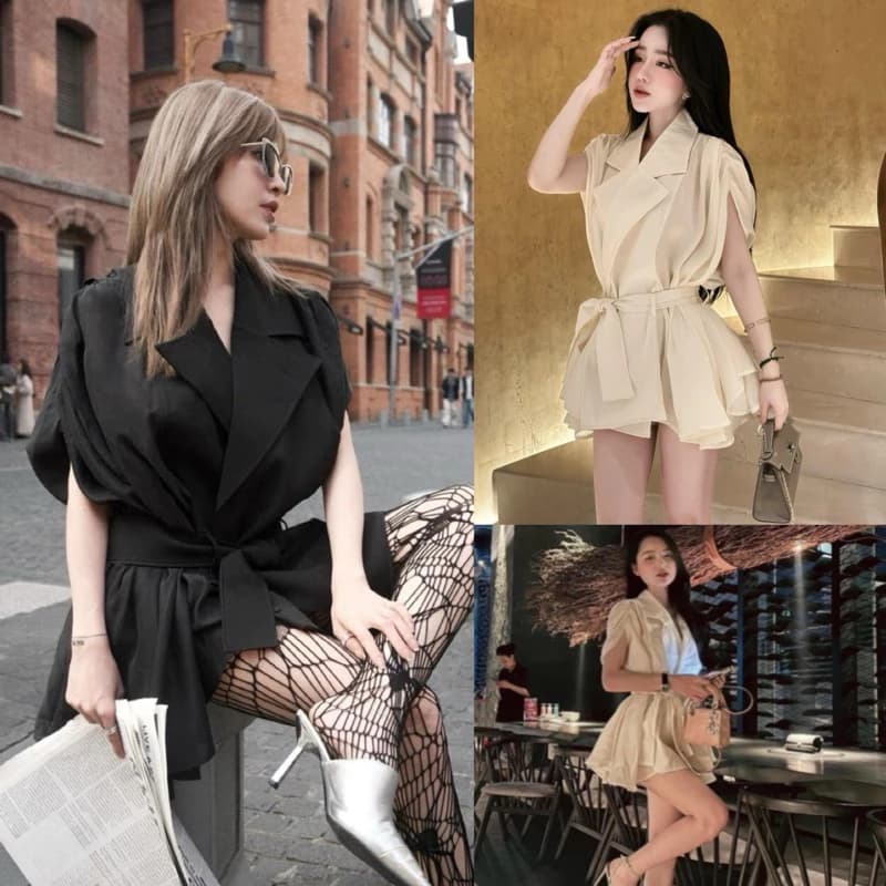 Váy Áo Form Rộng Xoè Mix Dây Đai Kèm Quần Chất Voan Tơ Siêu Xinh Sang Trọng Dolldiva V96