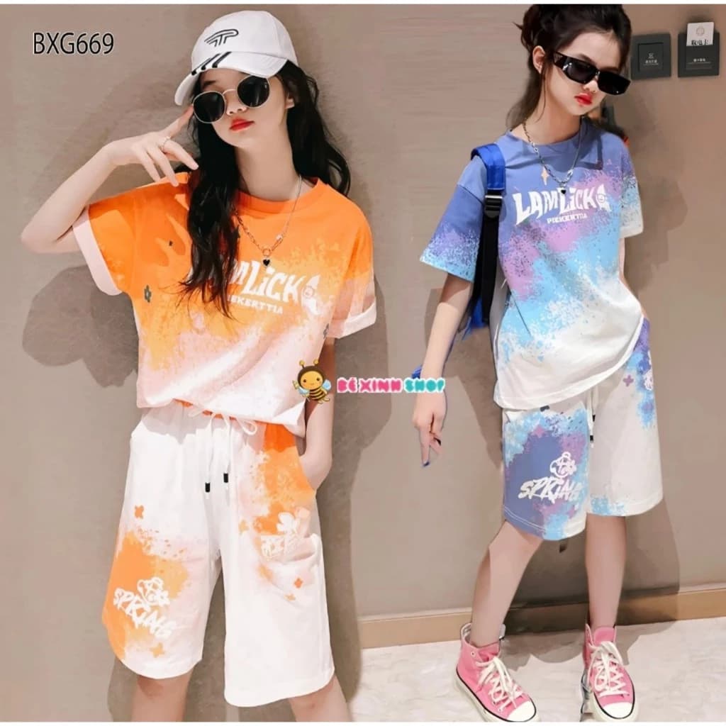Set bộ quần áo thể thao ngắn tay cotton dành cho bé gái 12-42 KG MÃU ( PT 001 )