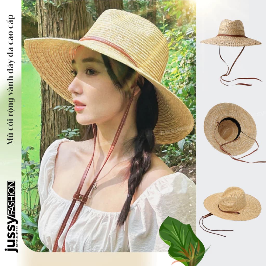 Mũ Cói Rộng Vành Phối Dây Da JCT05 Jussy Official Thời Trang Unisex Có Hộp To Giữ Form Nón